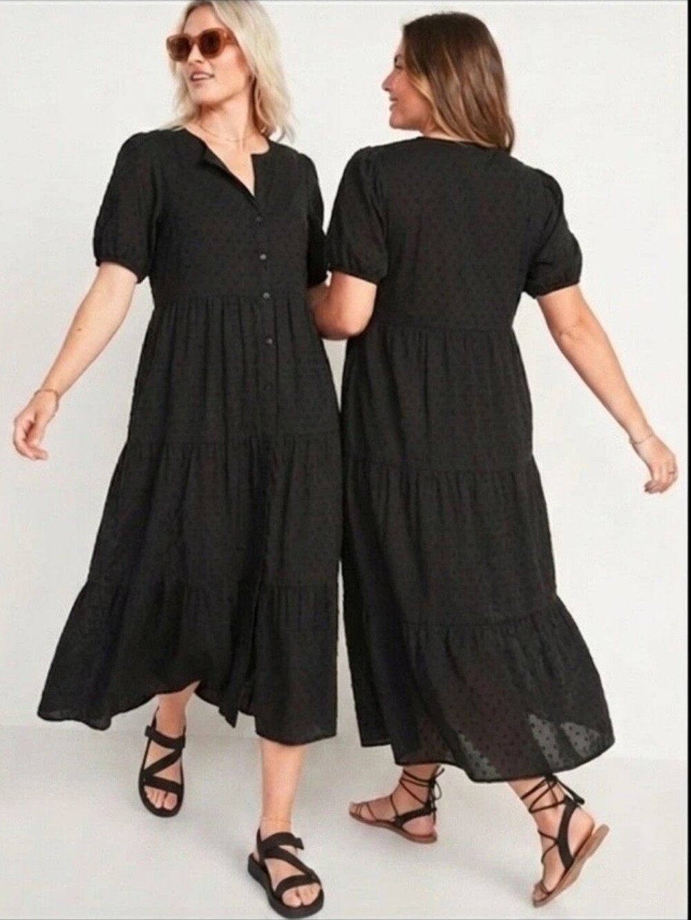 Old Navy Puff-Sleeve Clip-Dot Button-Front Midi Tiered Dress Large Black Comfort